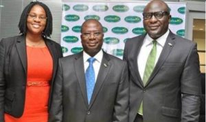 Mr. Olufemi Williams, group managing director of Chams Plc flanked by Mrs. Jameelah Ayedun, managing director, Credit Registry Services (L) and Mr. Luqman Balogun, deputy managing director of Chams Plc  at the formal unveiling of ConfirmMe in Lagos. 